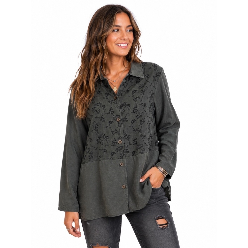 Parisian Works Gray Floral Jacquard Tencel Button Down Top M Embroidered Boho